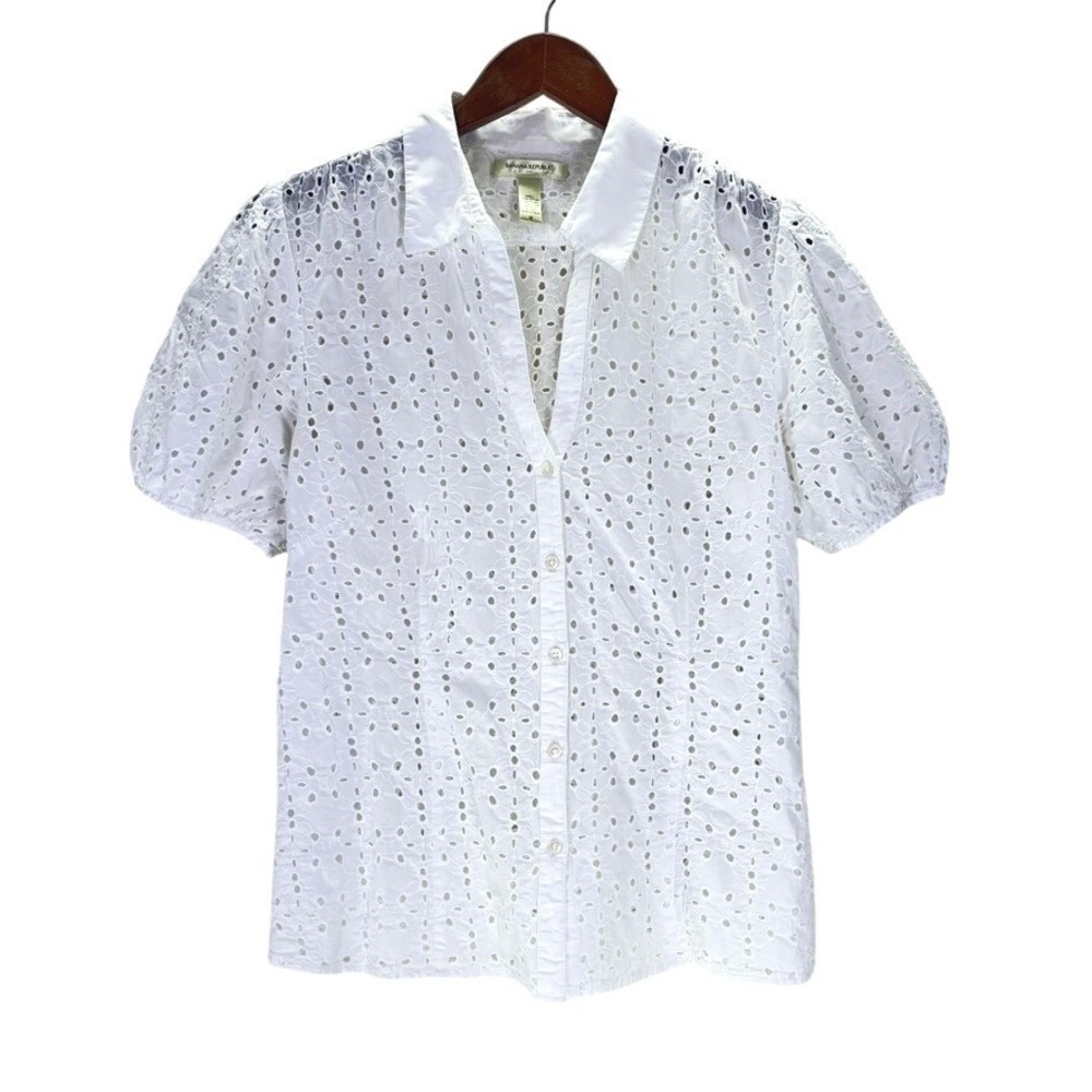 Banana Republic Womens Eyelet Puff Sleeve Blouse M White Cotton Button Front Top